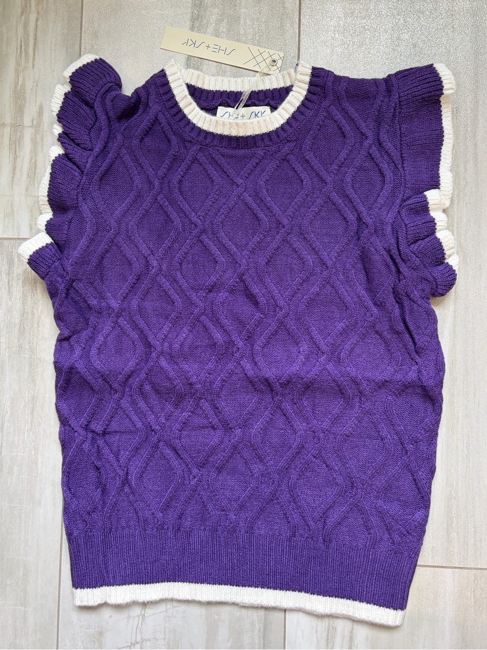 NWT She+Sky Vibrant Purple Game Day Cable Knit Flutter Sleeve Sweater Women’s L